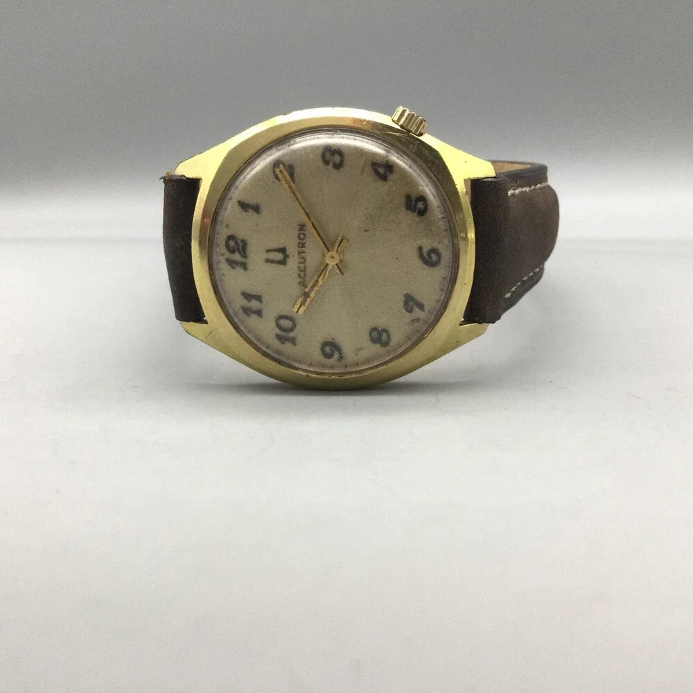 Vintage Bulova Accutron Tuning Fork Mens Watch 34mm 10K RGP Brown Leather Band
